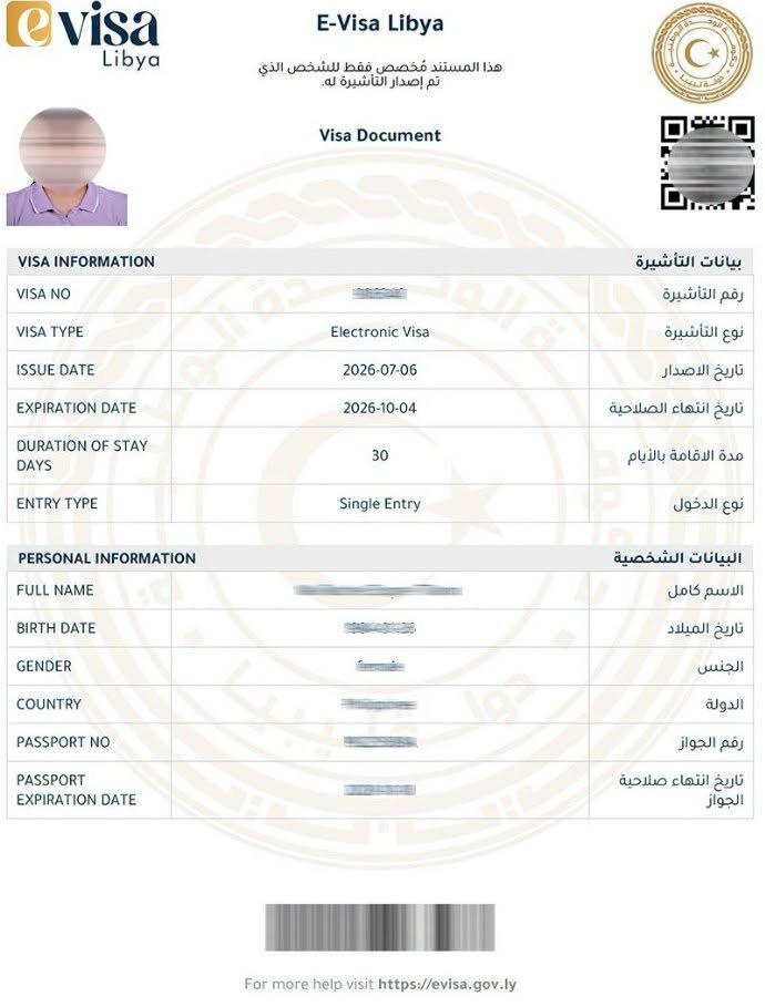 Example of a Libya electronic visa document