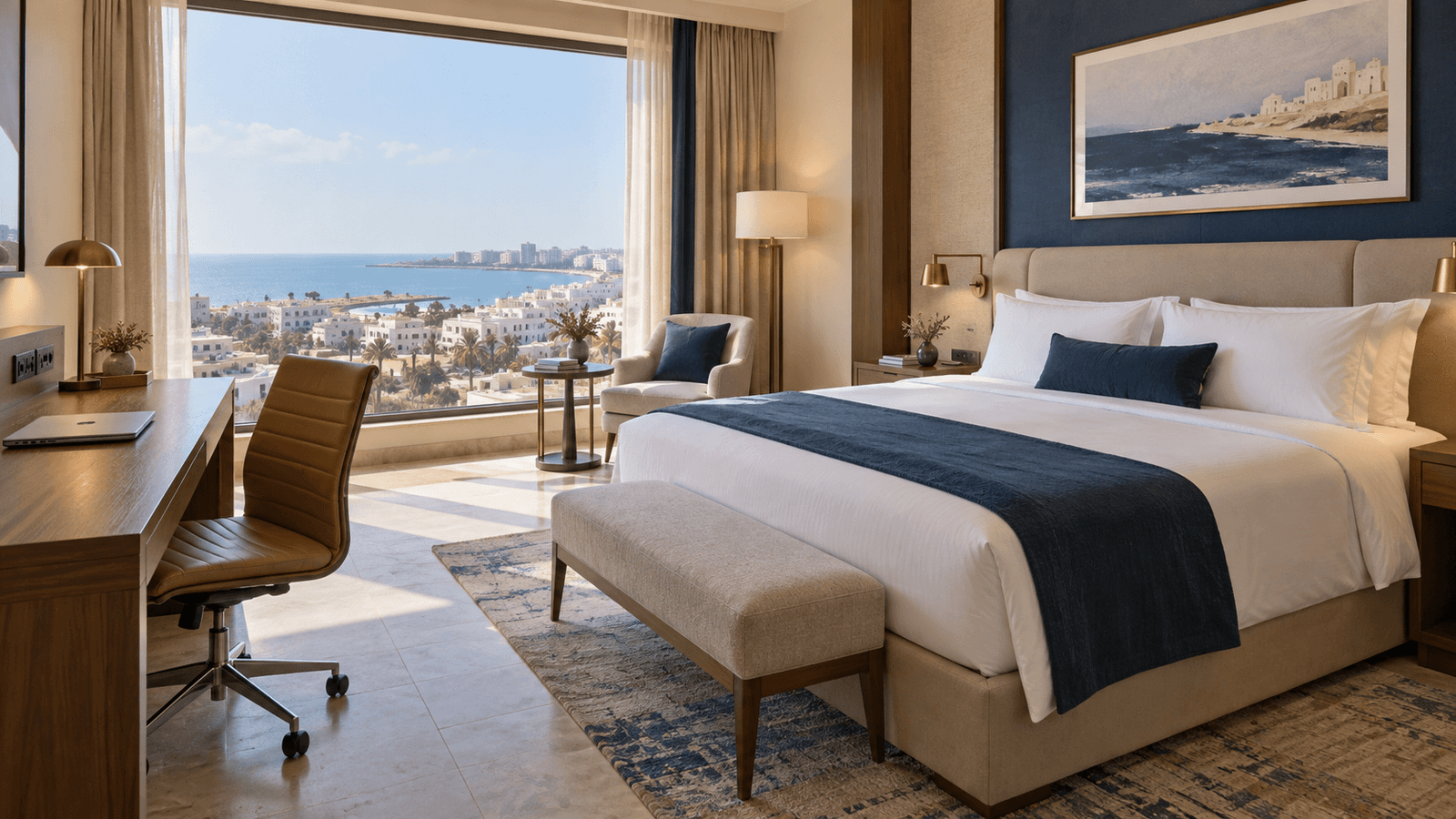 Tripoli Business Hotel Room Libya Business Travel Business hotel room with a work desk, double bed and Mediterranean sea view
