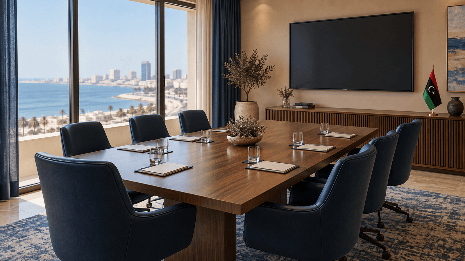 Tripoli Business Meeting Room Libya Business Travel Conference room with a wooden meeting table, presentation screen and Libyan flag