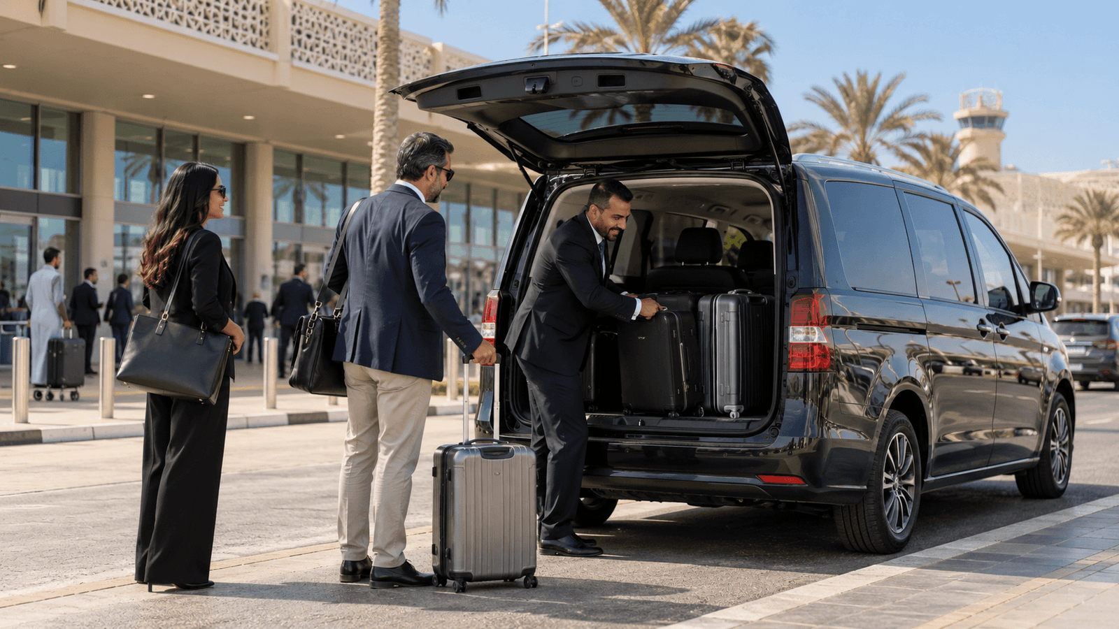 libya business travel airport transfer Libya Business Travel Driver helping business travellers load luggage into a minivan outside an airport terminal
