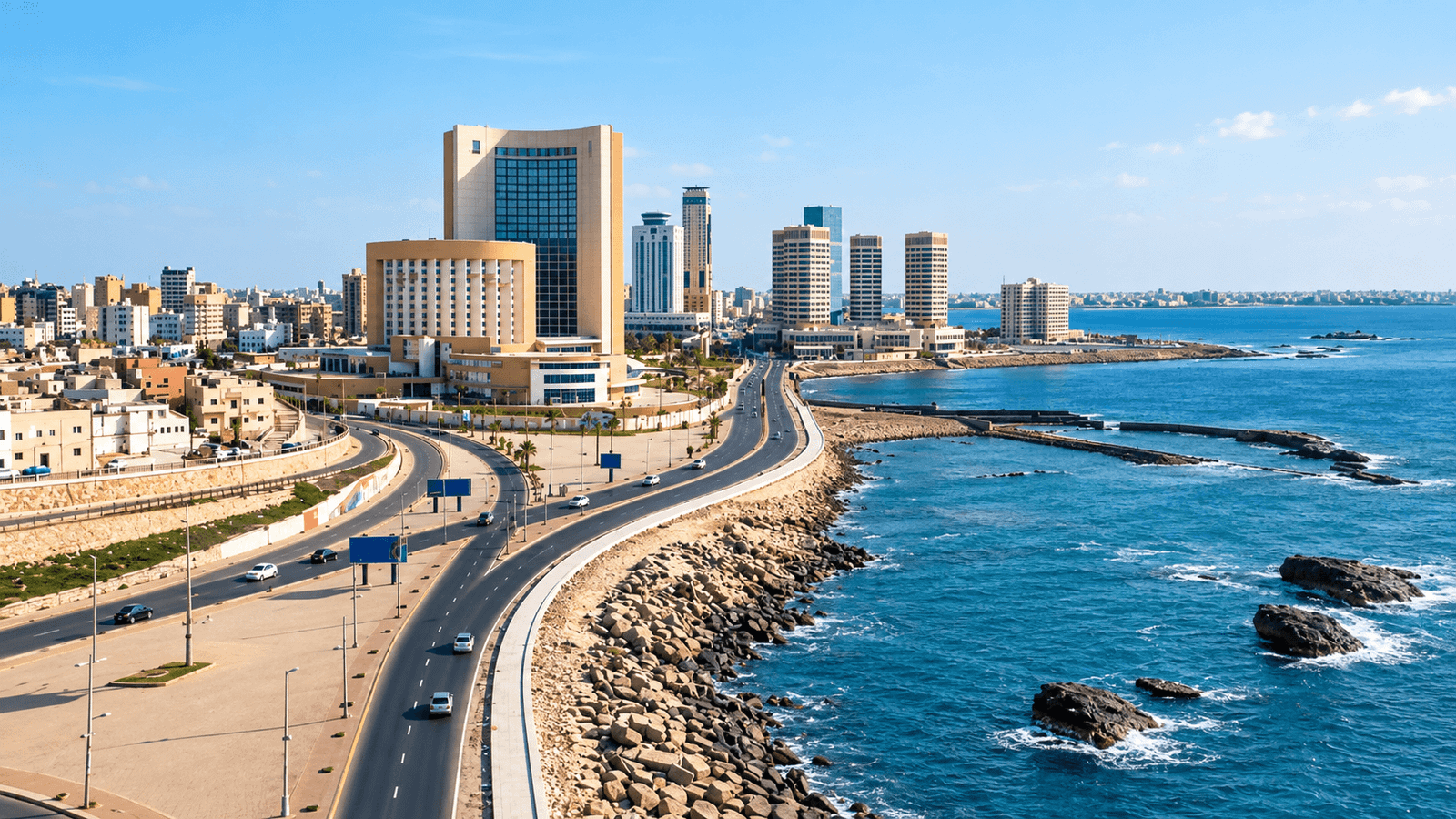 Tripoli waterfront illustration for the Libya business visa guide