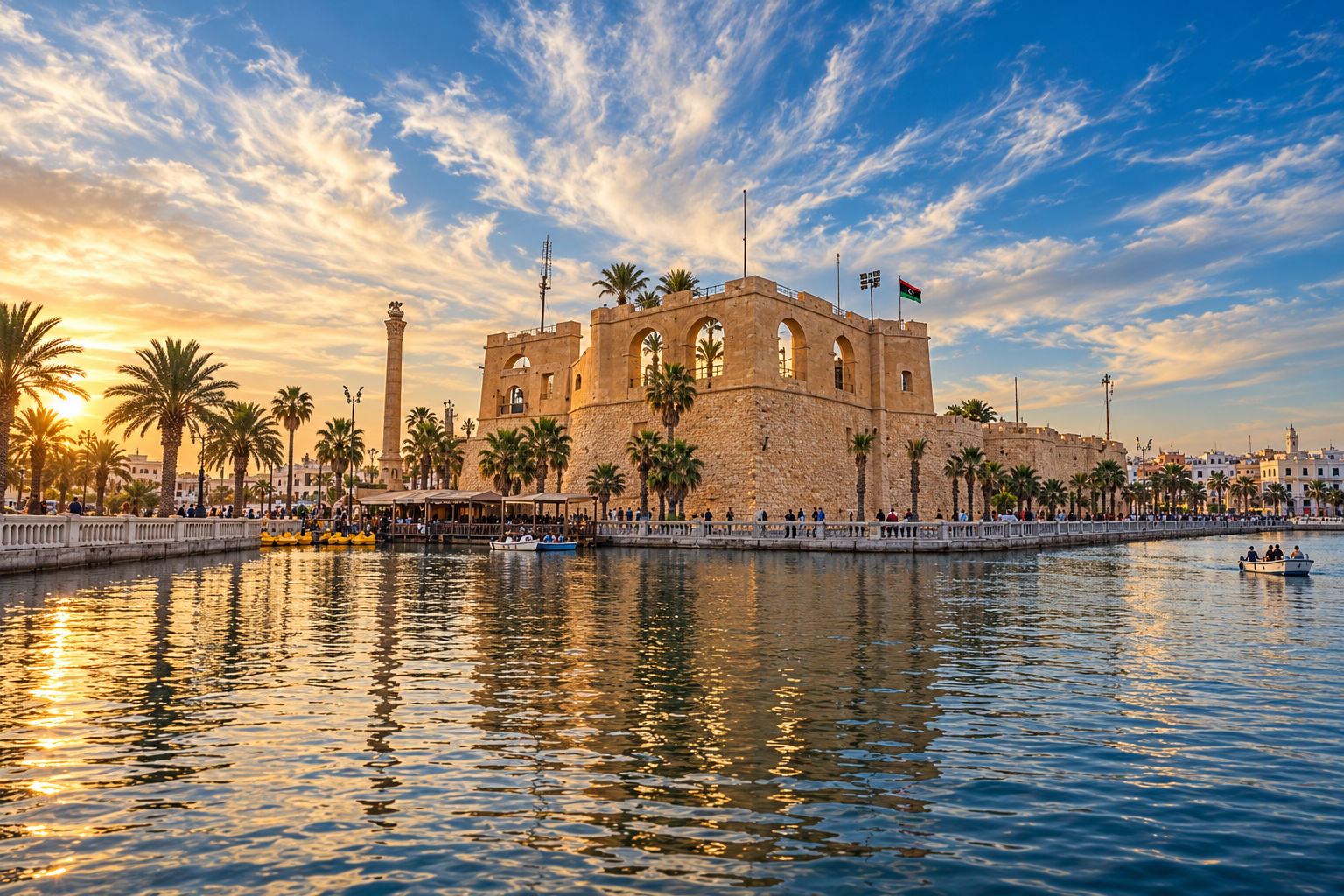 Tripoli Castle at sunset with palm trees and water reflections