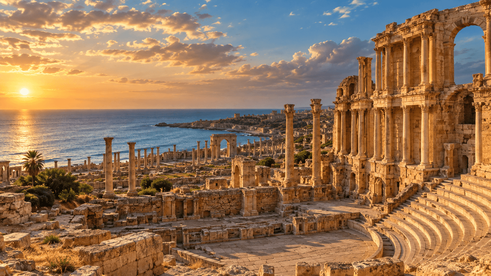 Roman Archaeological Tour in Libya featuring Leptis Magna by the Mediterranean
